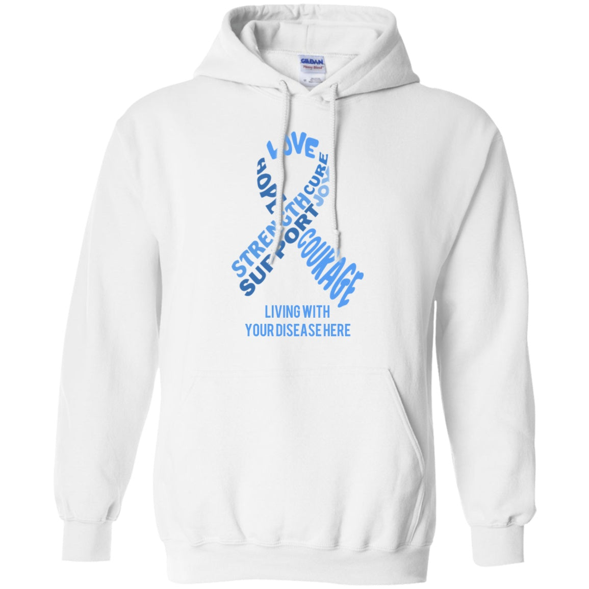 Customisable Light Blue Awareness Ribbon With Words Pullover Hoodie 8 oz. - The Unchargeables